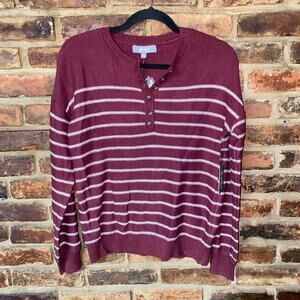 New NWT Marled Burgundy Ivory Striped Henley Button Sweater Women's Size Small